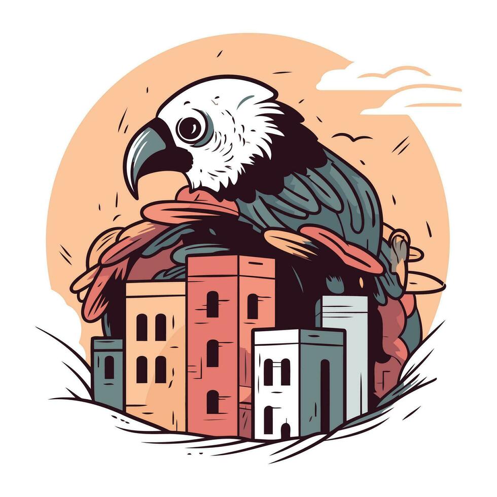 Vector illustration of a parrot sitting on a castle in the city.