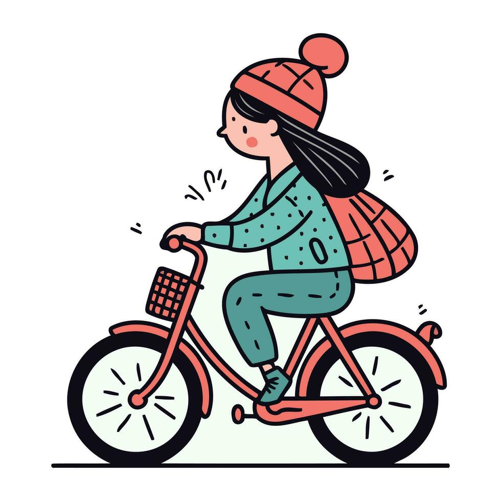 linda niña en calentar ropa paseos un bicicleta. vector ilustración.