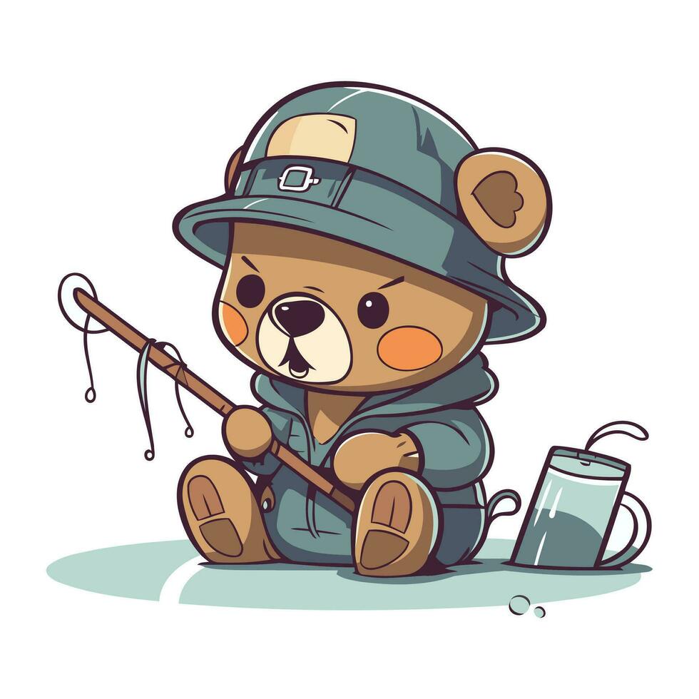 Illustration of a Cute Bear in a Hat with a Fishing Rod vector