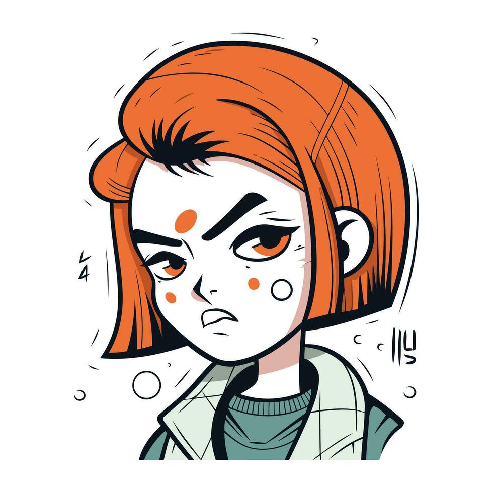 Vector illustration of a sad girl with red hair and green eyes.