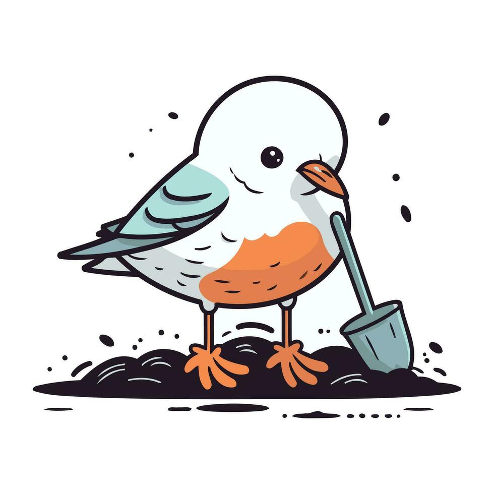 Vector illustration of a little bird with a shovel on a white background.