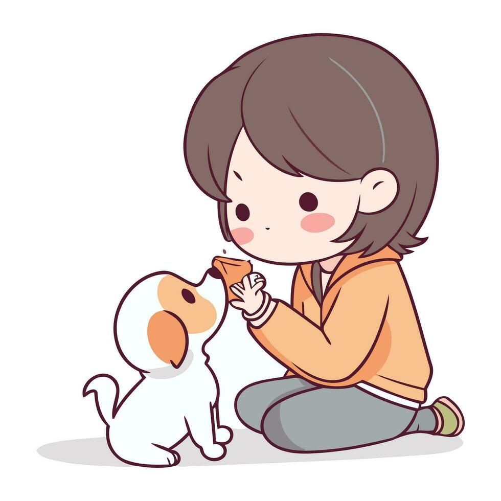 Little girl playing with her dog. Cute cartoon vector illustration.