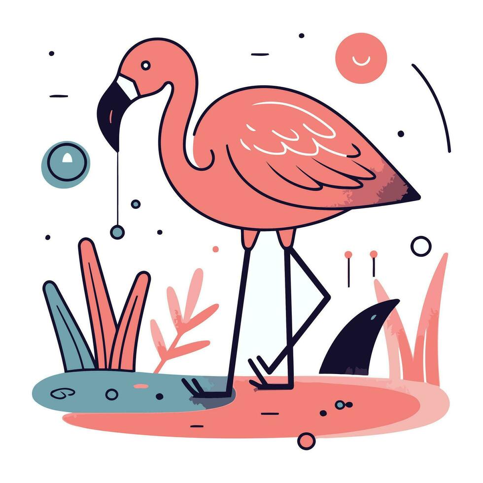 Flamingo in the park. Vector illustration in flat style.