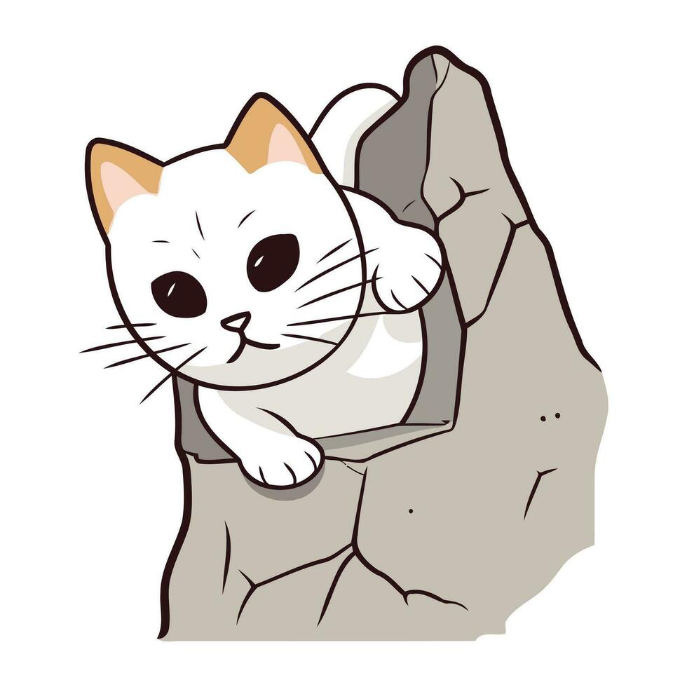 Cute cartoon cat on the rock. Vector illustration isolated on white background.