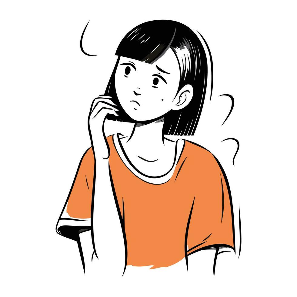 Young woman thinks about something. Vector illustration of a girl in an orange shirt.