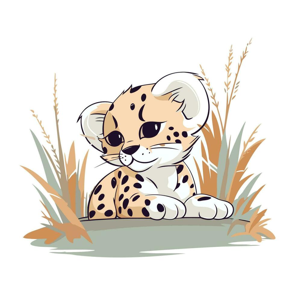 linda dibujos animados leopardo sentado en césped. vector ilustración.