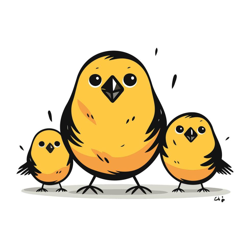 Cute little yellow bird with chicks. Hand drawn vector illustration.