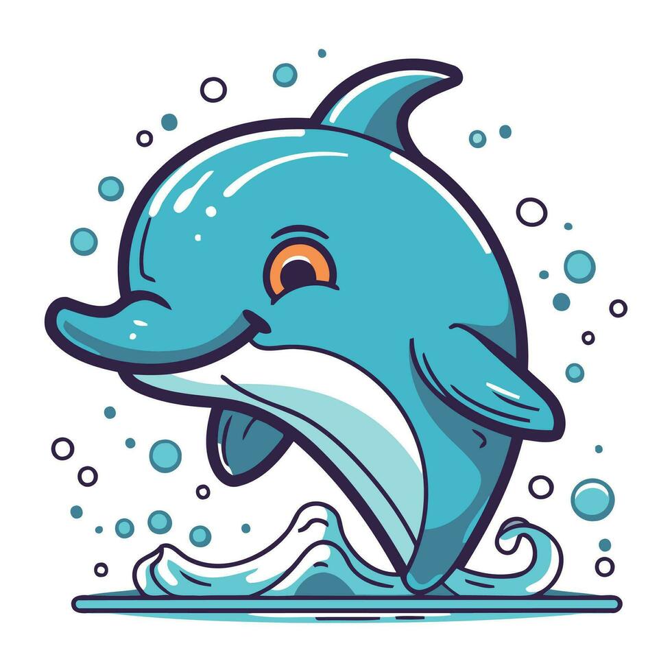 Cute cartoon dolphin jumping out of the water. Vector illustration.