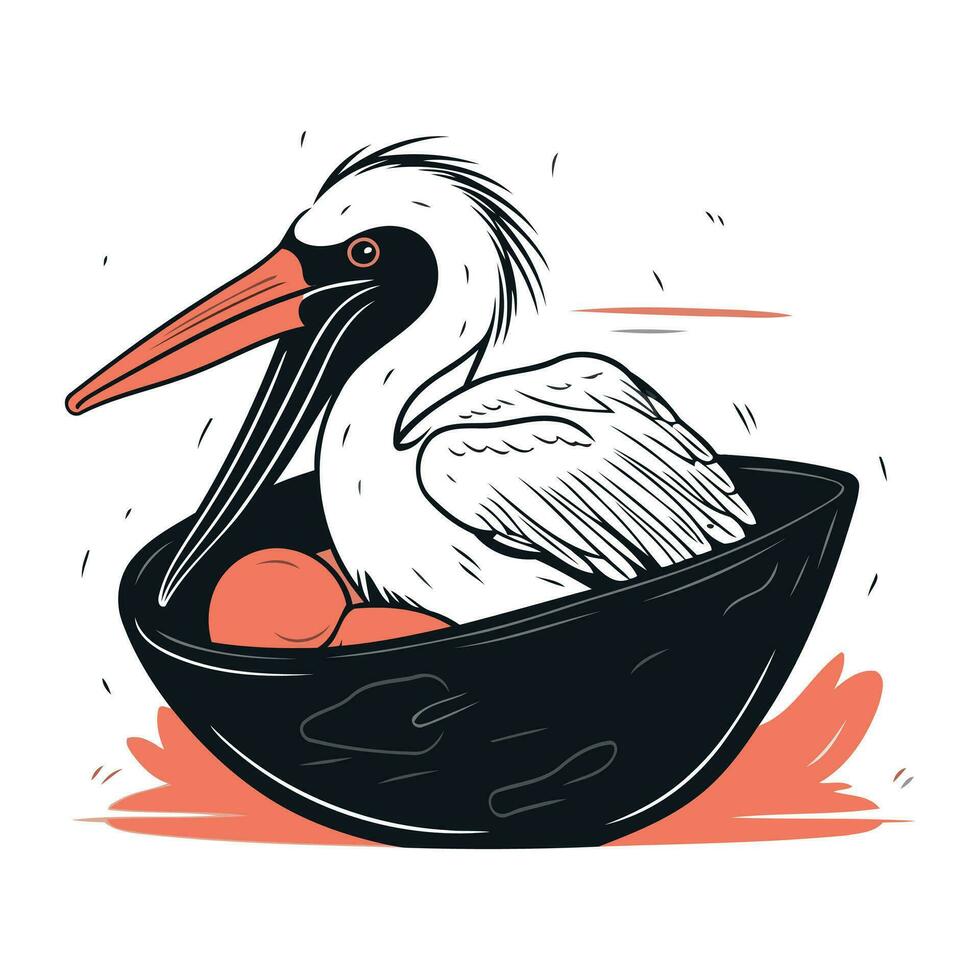 Pelican in a bowl with eggs. Hand drawn vector illustration.