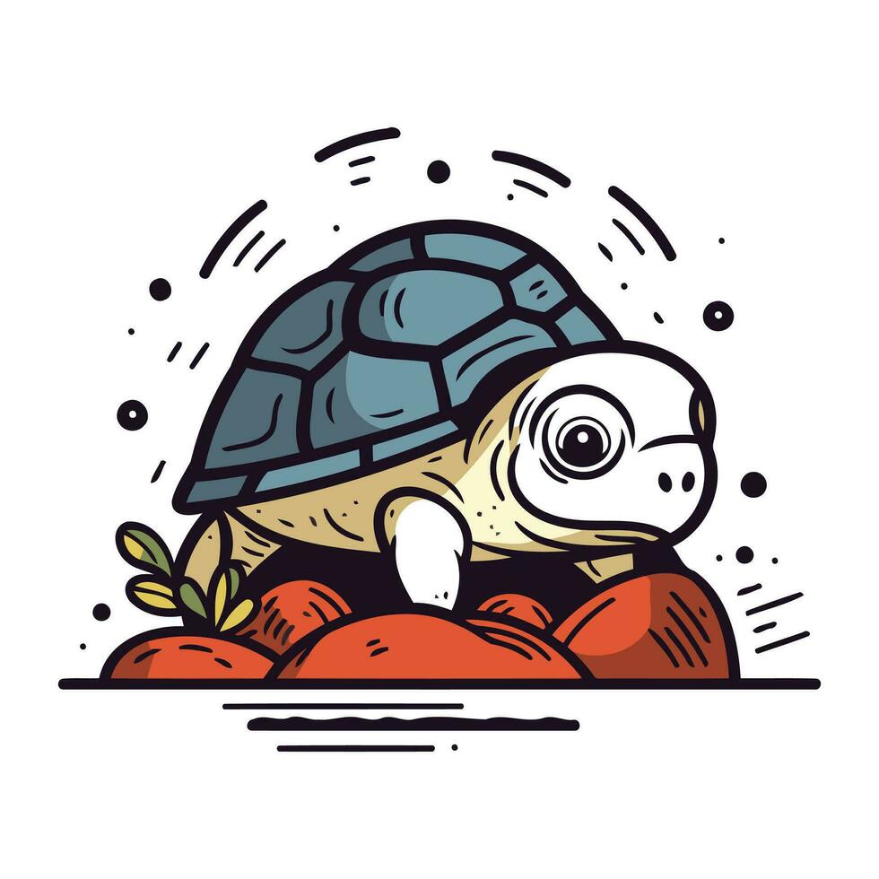 Cute cartoon turtle on the stones. Vector illustration isolated on white background.