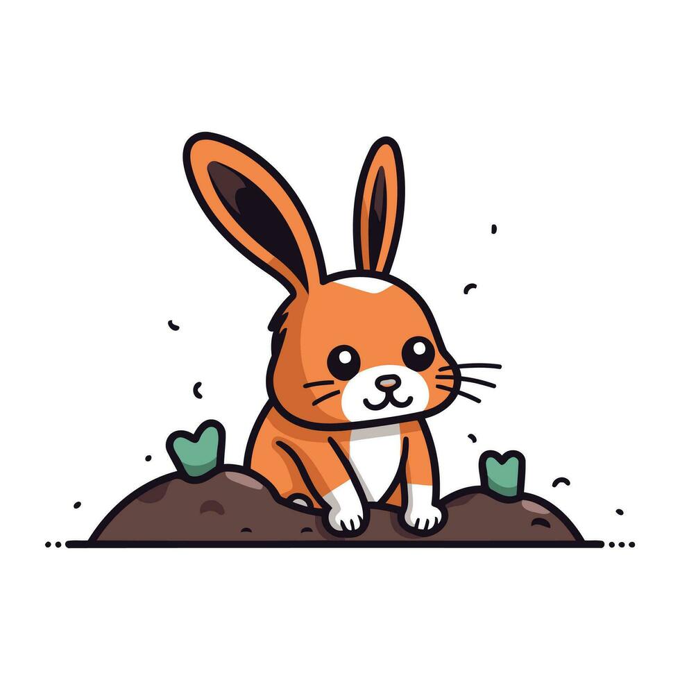 Cute little rabbit sitting in the ground. Vector illustration in cartoon style.