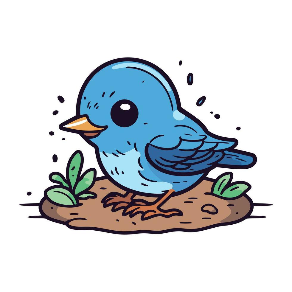 Cute cartoon blue bird sitting on the ground. Vector illustration.
