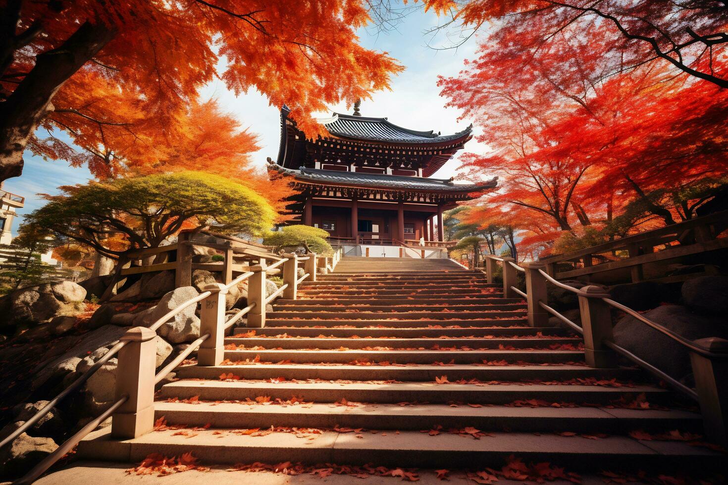 Kyoto temple adorned with vibrant autumn AI Generative photo