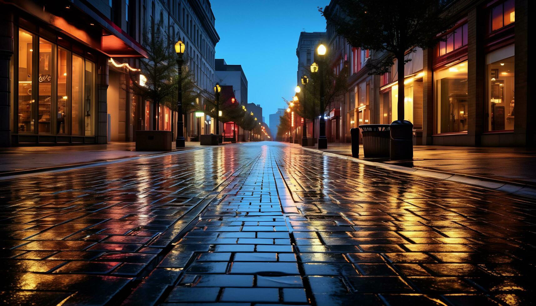 sidewalk at night after rain with wet streets Ai Generative photo