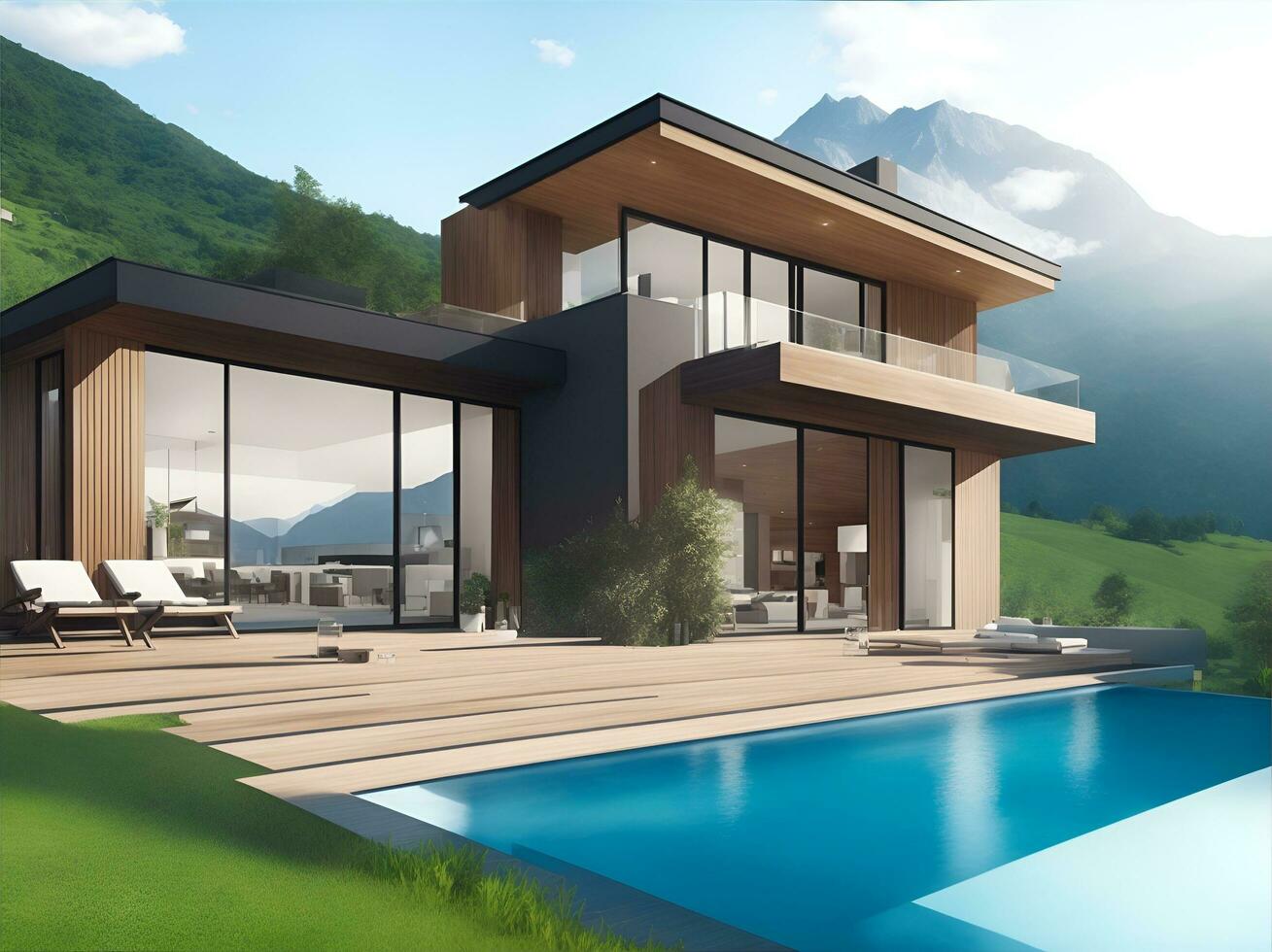 modern house with swimming pool, AI generated photo