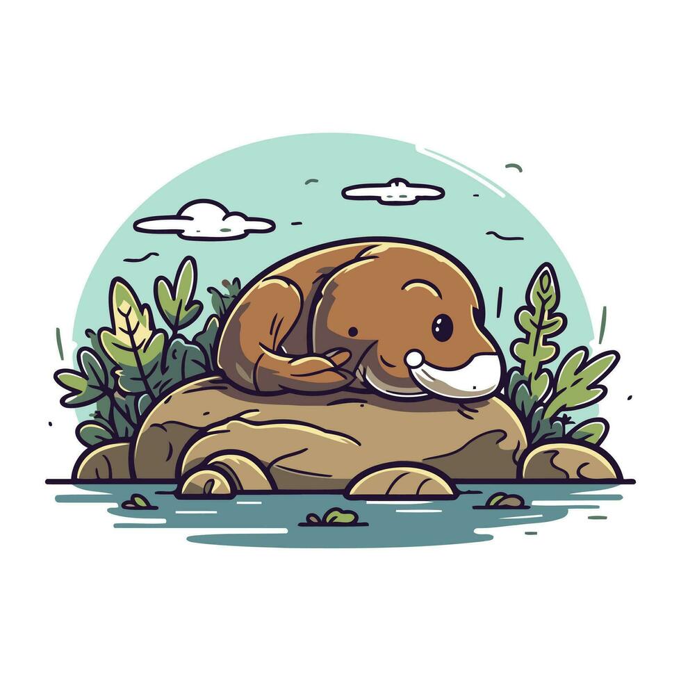 Cute cartoon hippopotamus on the rock. Vector illustration.