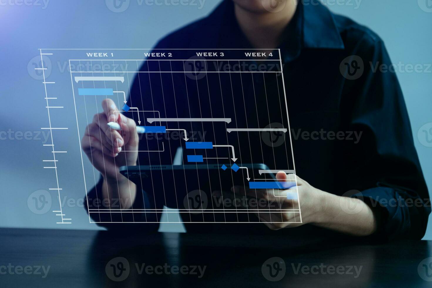 gerente de proyecto trabajando y actualizando tareas con hitos de planificación de progreso y diagrama de programación de diagramas de gantt. negocios que trabajan con teléfonos inteligentes, tabletas y computadoras portátiles foto