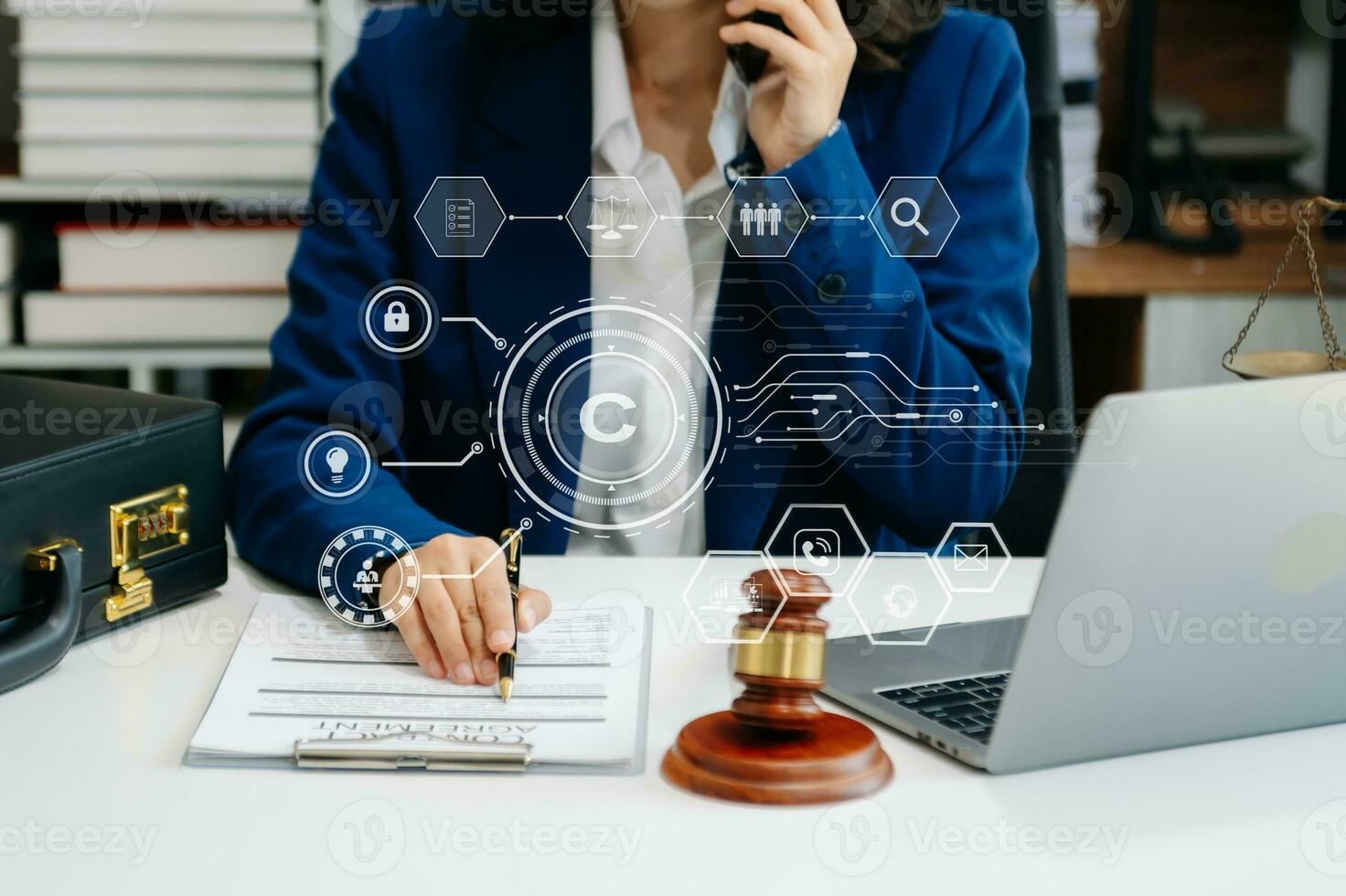 Copyright or patent concept, Person hand using laptop computer, tablet and smartphone with virtual screen copyright icon trademark, Creation ownership against piracy. photo