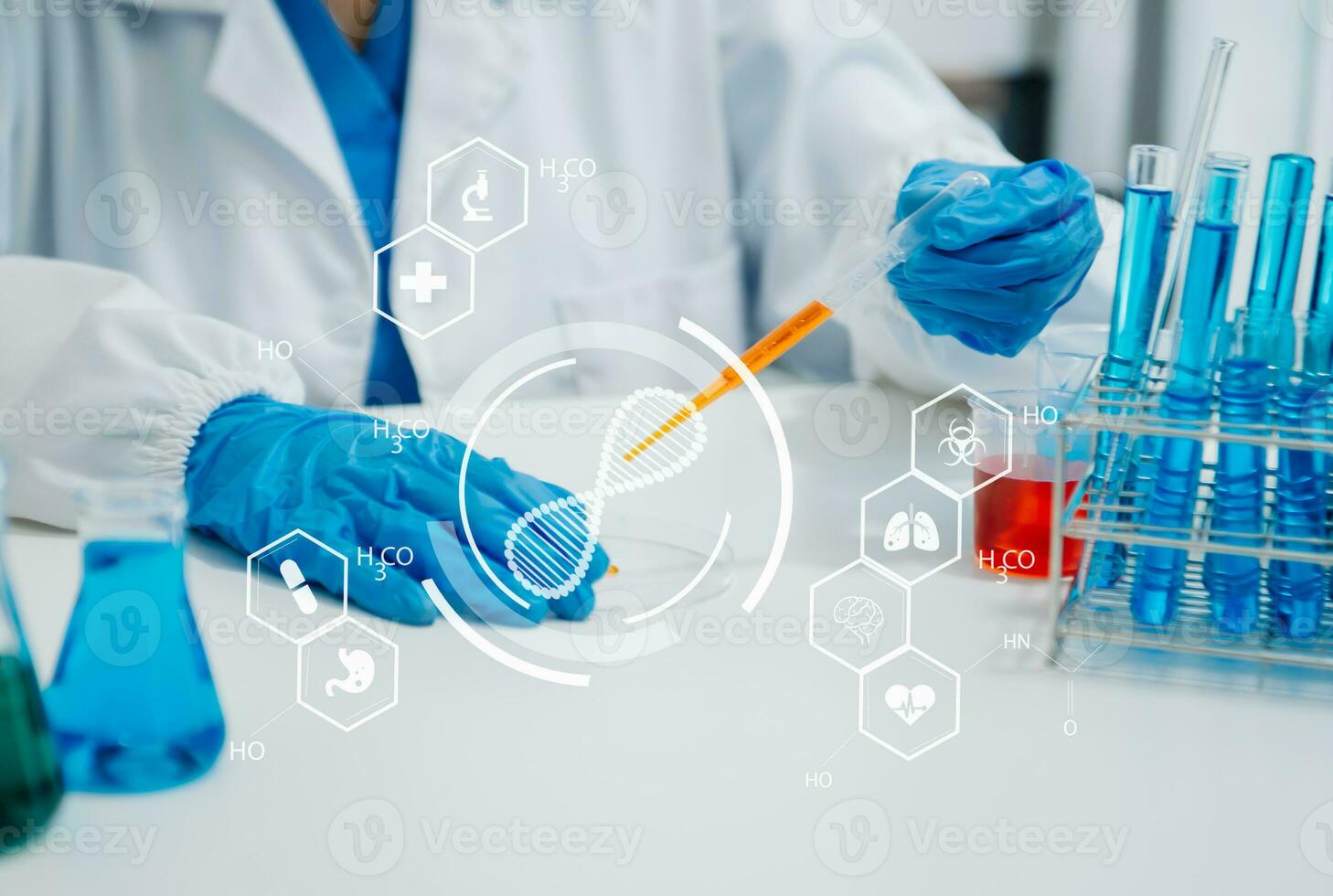 DNA molecule testing concepts. The doctor in a mask examines DNA molecules on the chemical laboratory with virtual icon photo