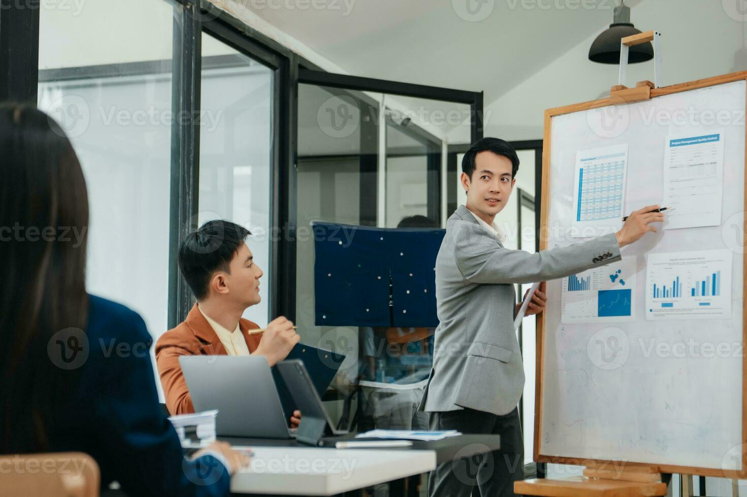 The Conferences,Training Education, Business, start up Concept.Group of smart Business Finance Corporate Development and Businessman making presentation photo