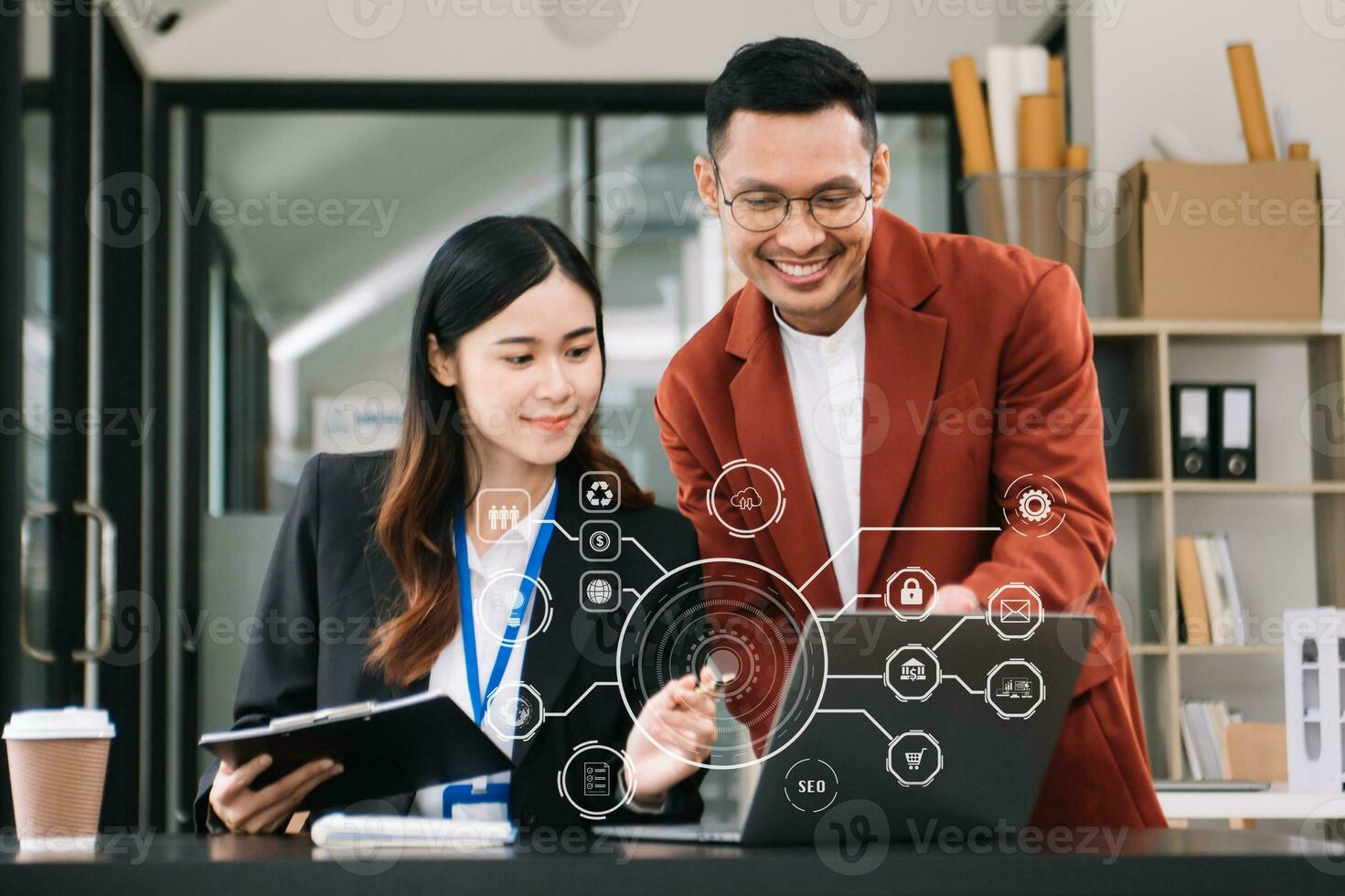 Business team partnership meeting concept. Business hand using laptop, tablet and smartphone  in office. Digital marketing media mobile app in virtual icon photo