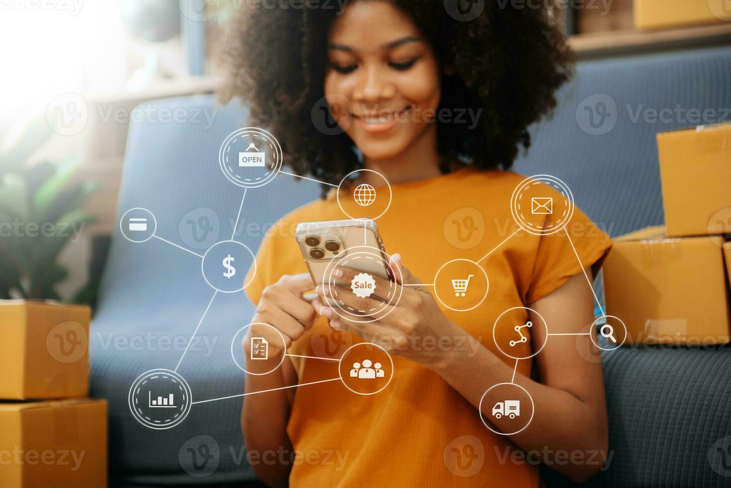 Woman hand using a laptop, smartphone and tablet and writing notebook at the office of her business online shopping. photo