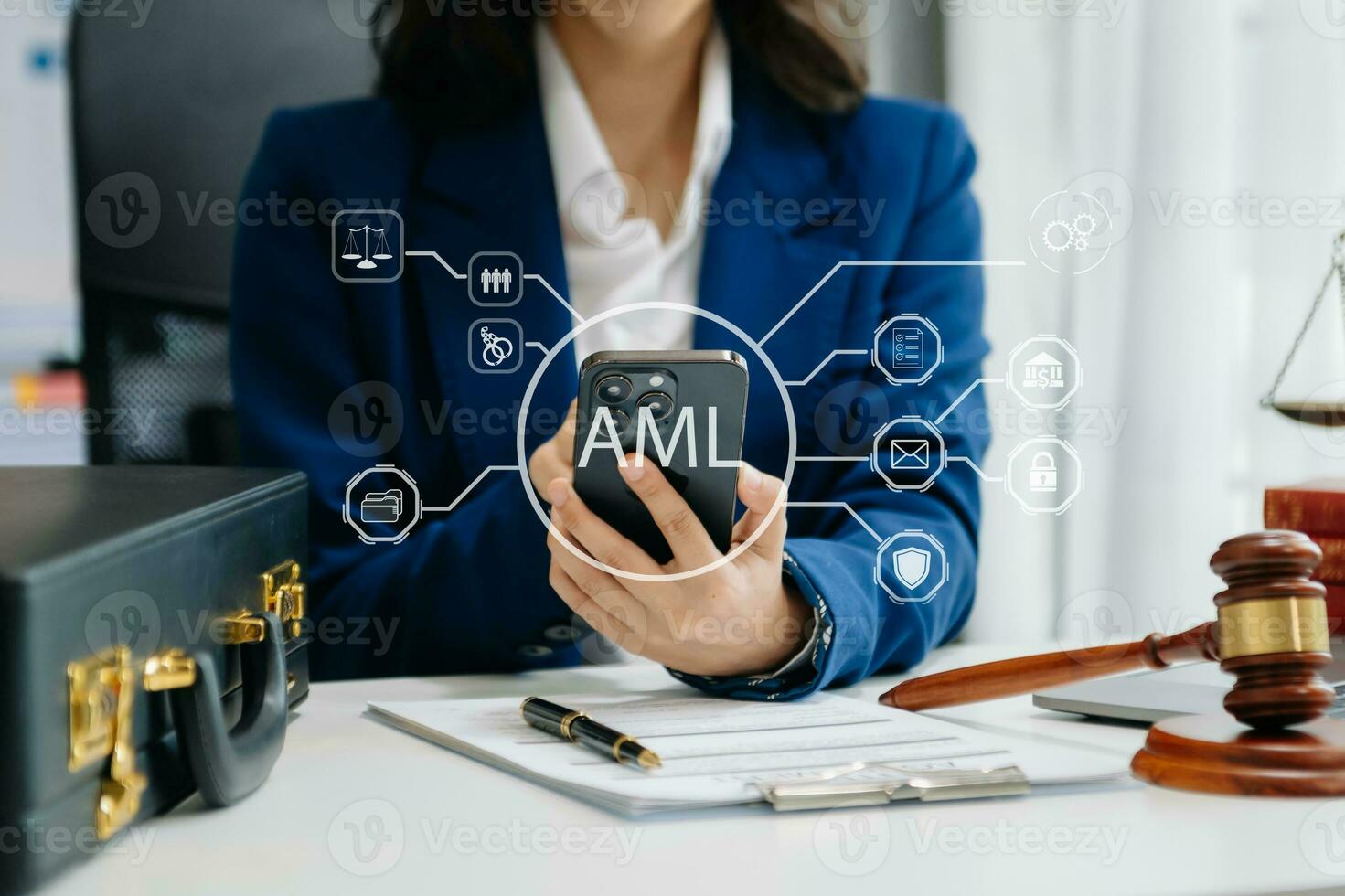 AML Anti Money Laundering Financial Bank Business Concept. judge in a courtroom using laptop and tablet with AML anti money laundering icon on virtual photo