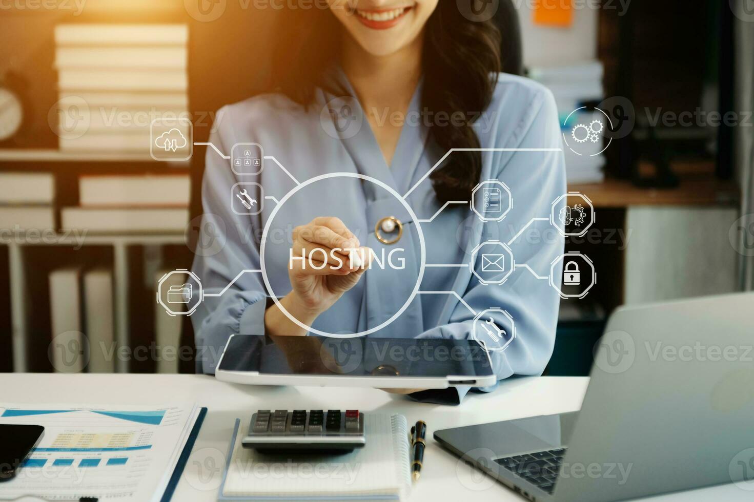 Web hosting concept, business using computer and presses his finger on the virtual screen inscription Hosting on desk, Internet, business, Technology concept. photo
