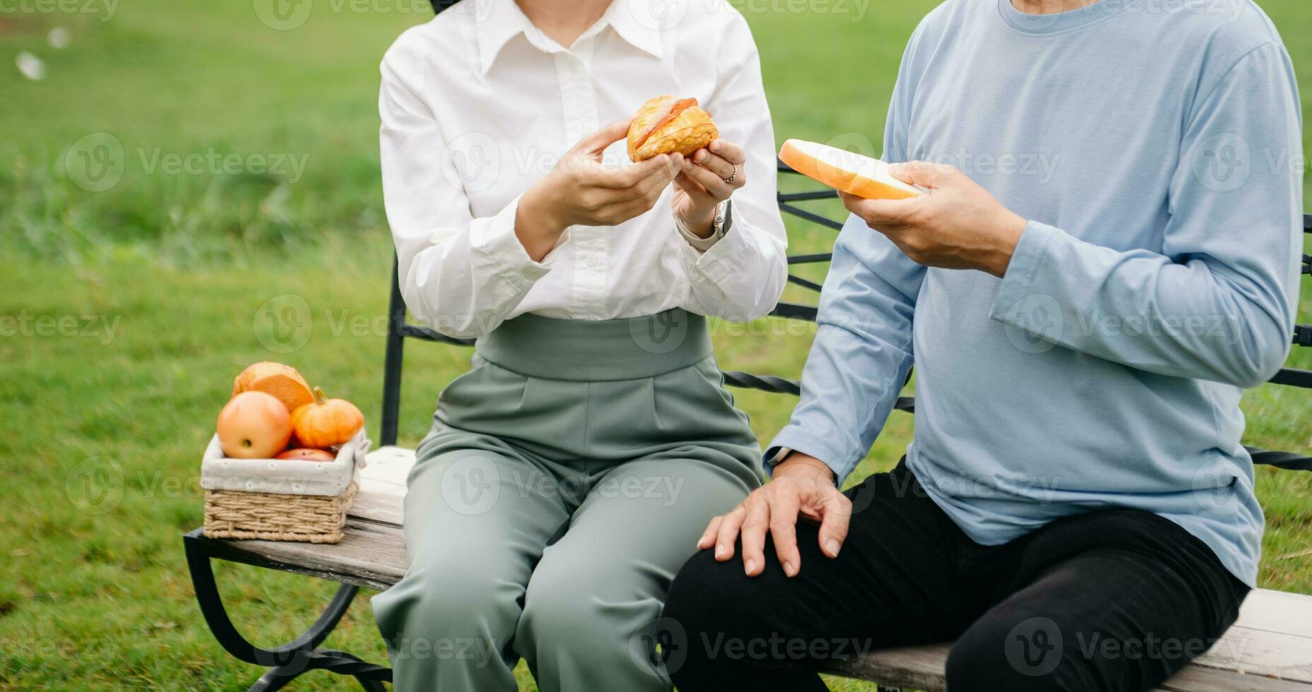 contento adulto nieta y mayor abuelo teniendo divertido disfrutando hablar mientras relajante sentado al aire libre en parque foto