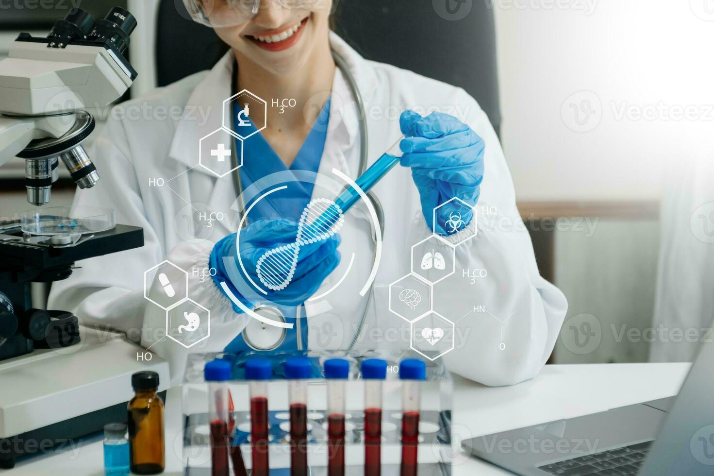 DNA molecule testing concepts. The doctor in a mask examines DNA molecules on the chemical laboratory with virtual icon photo