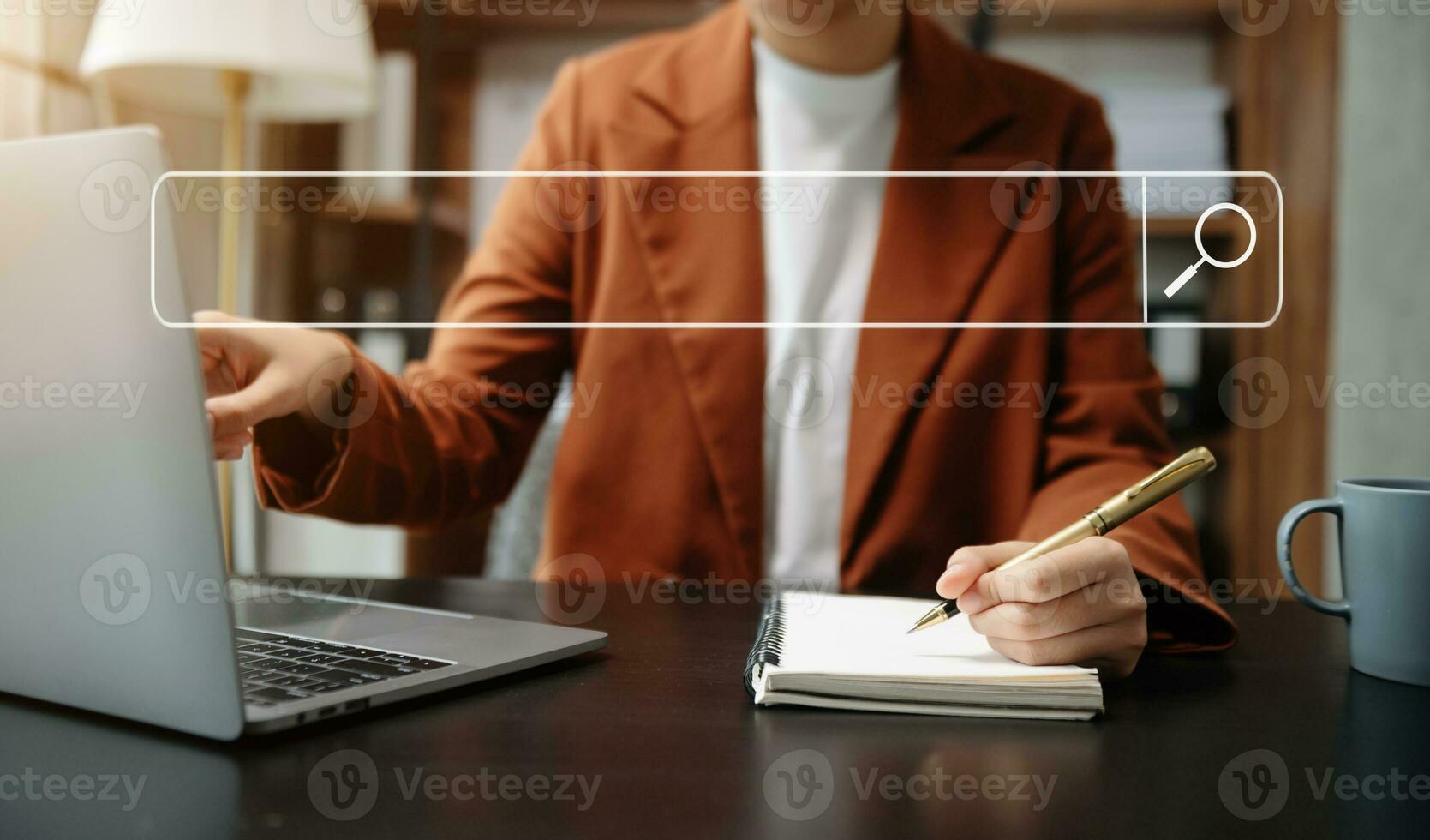 Searching Browsing Internet Data Information Networking Concept with blank search bar. woman working with mobile phone and laptop computer VR icon photo