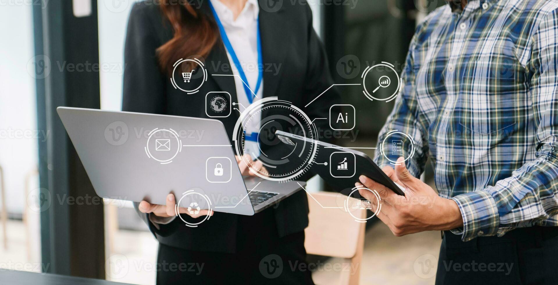 Co working process, team working.Coding software developer work with AR new design dashboard computer icons.business team concept photo