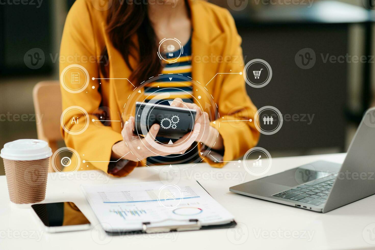 Woman accountant use Laptop and calculator to calculate the company's financial with icon banking on data network of finance and banking with business growth photo
