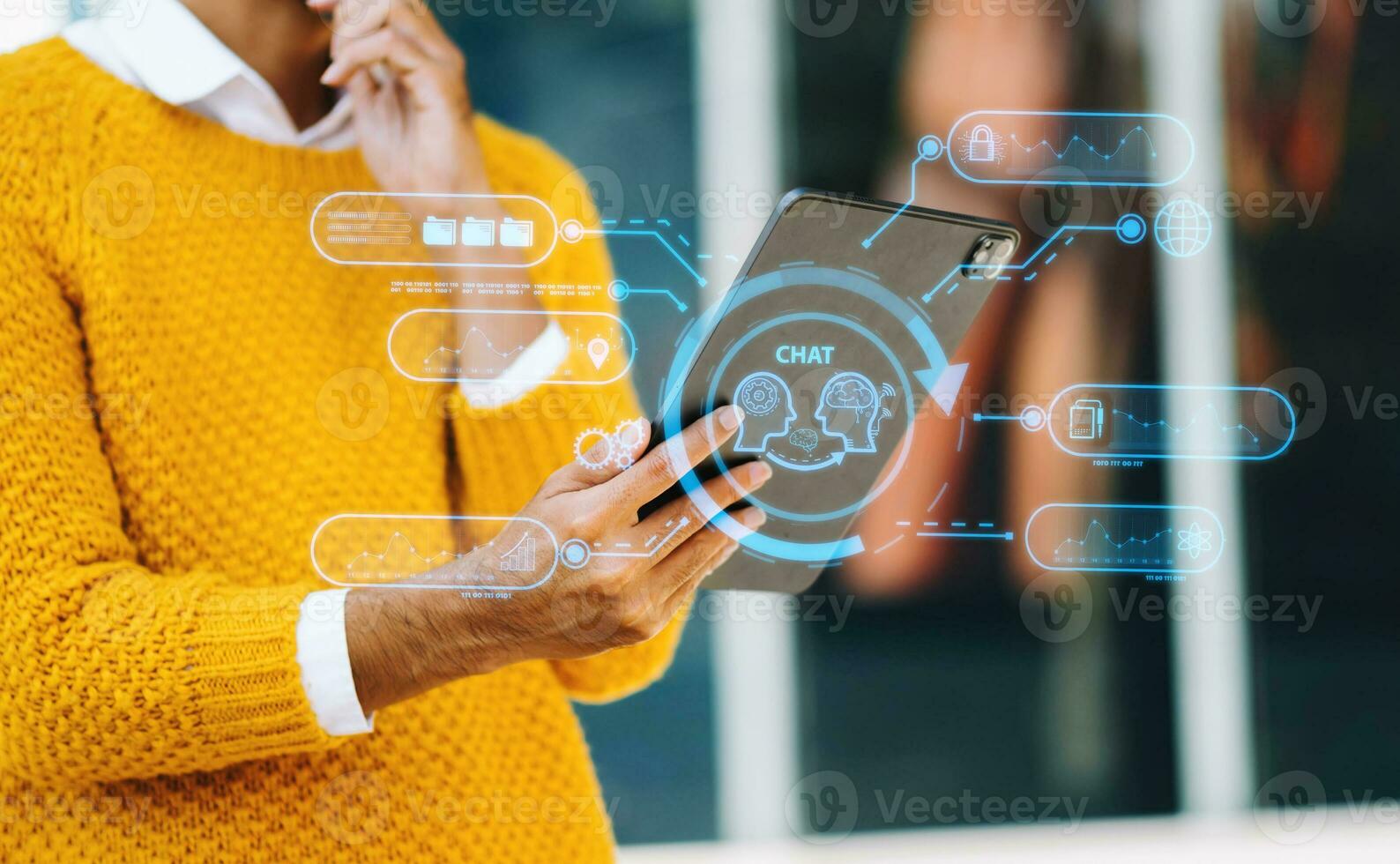Man using chatbot in computer and tablet  smart intelligence Ai.Chat with AI Artificial Intelligence, developed by OpenAI generate. Futuristic technology, robot photo