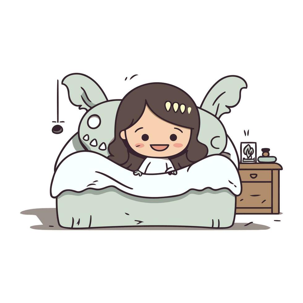 Cute little girl sleeping in bed. Vector cartoon character illustration.