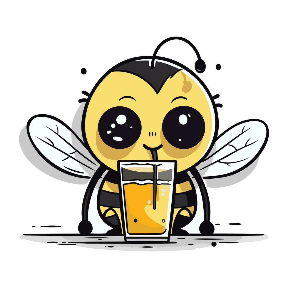 Cute cartoon bee holding a glass of juice. Vector illustration.