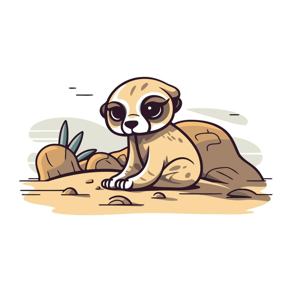 Cute cartoon meerkat sitting on the sand. Vector illustration.