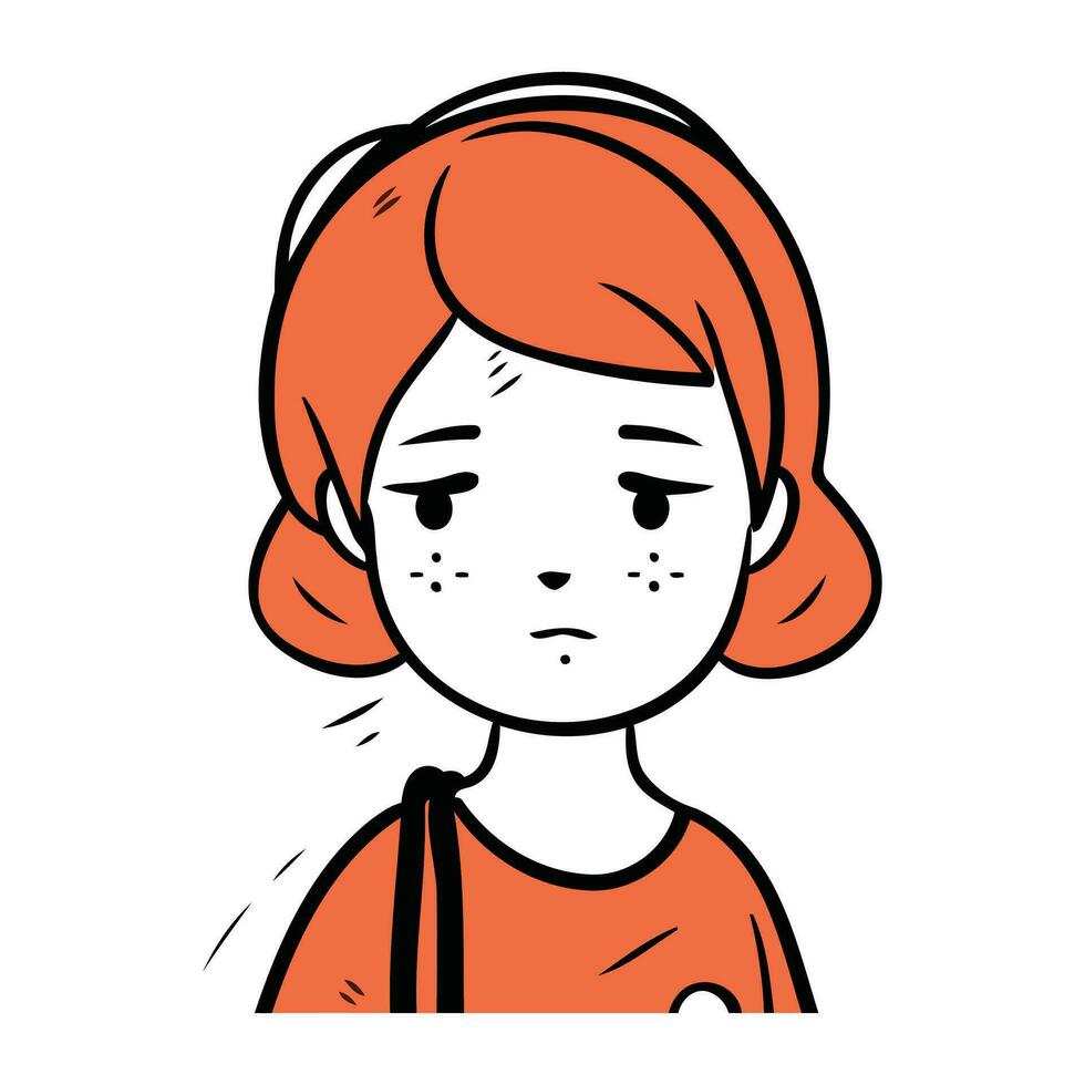 Sad girl with acne on her face. Vector illustration in sketch style.