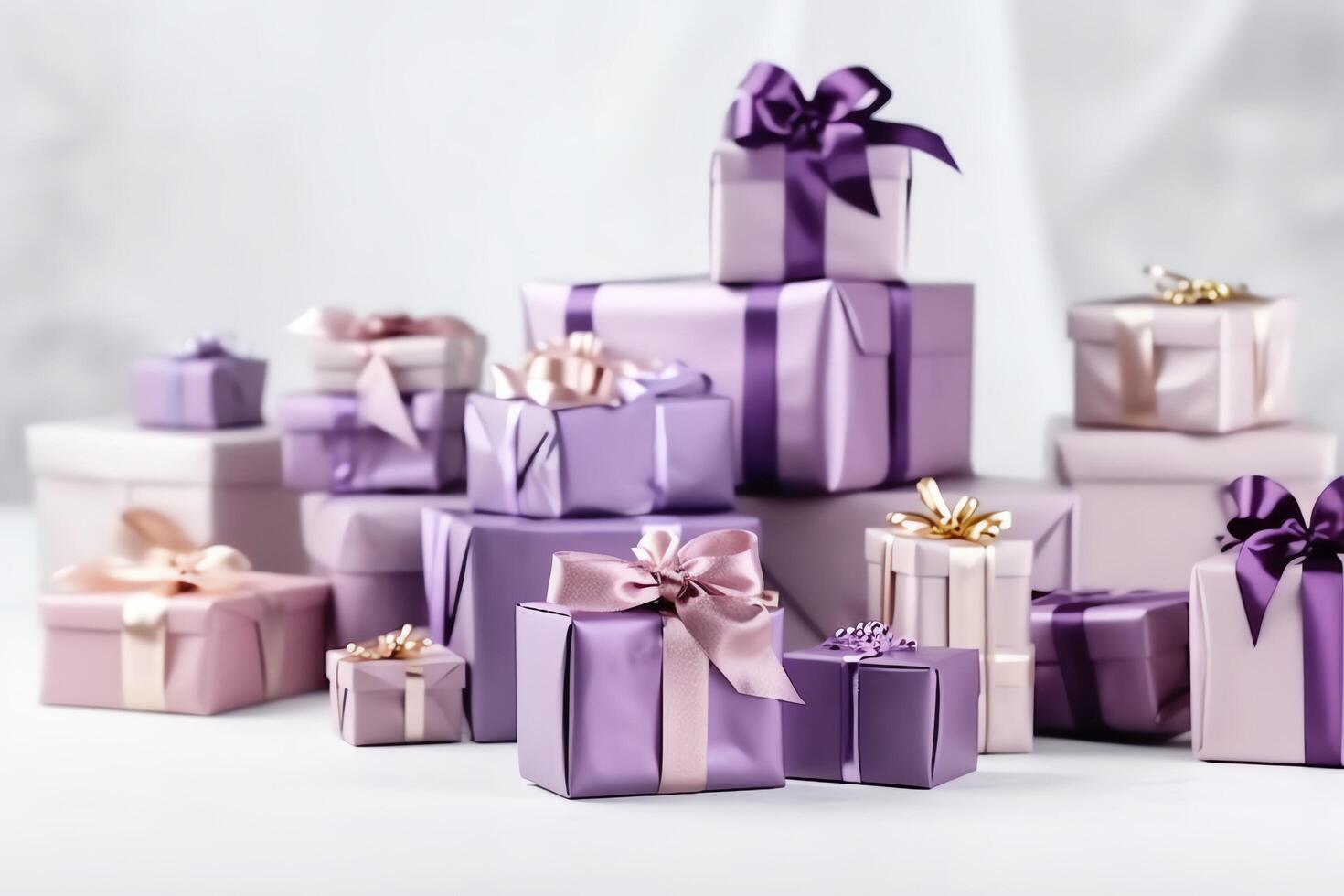 Colorful gift boxes present with ribbon and bow. For birthday, christmas gift or valentine occasions concept by AI Generated photo