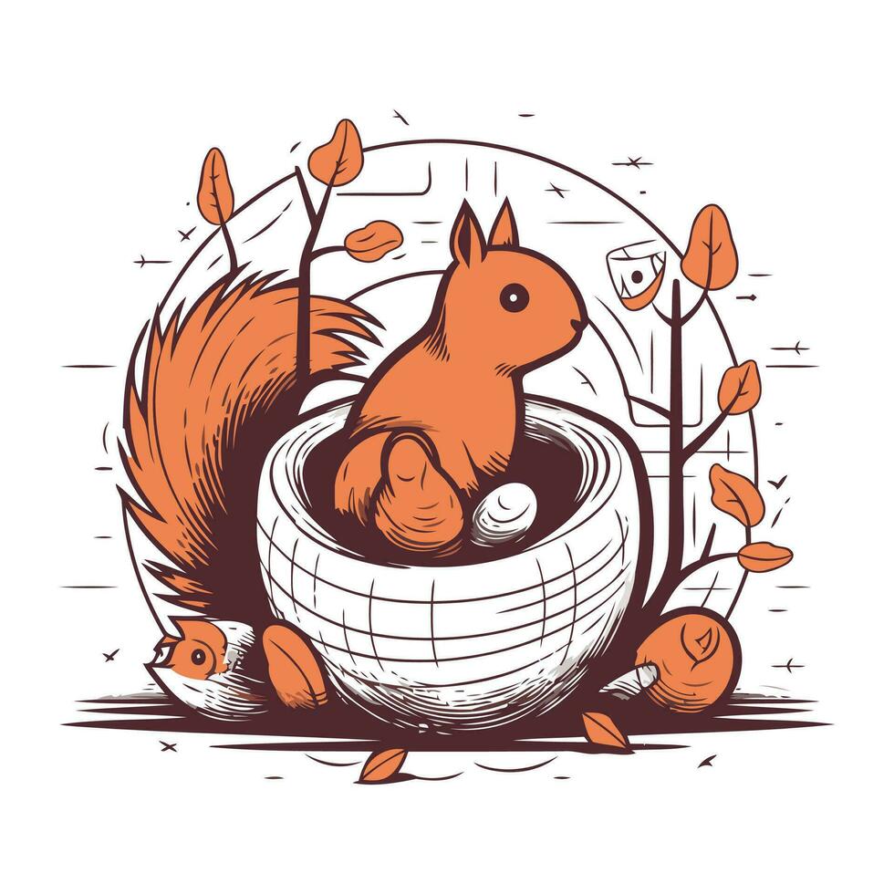 Squirrel in a pot with eggs. Hand drawn vector illustration.