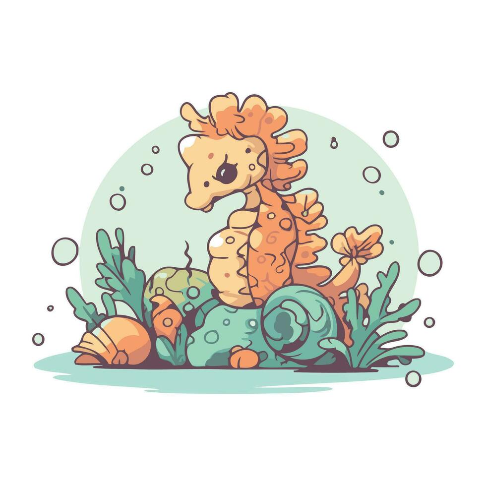 Cute cartoon seahorse with seashells. Vector illustration.