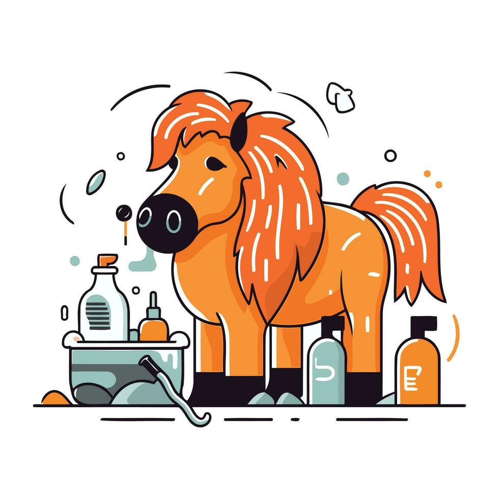 Horse washing in the bathroom. Vector illustration in flat style.