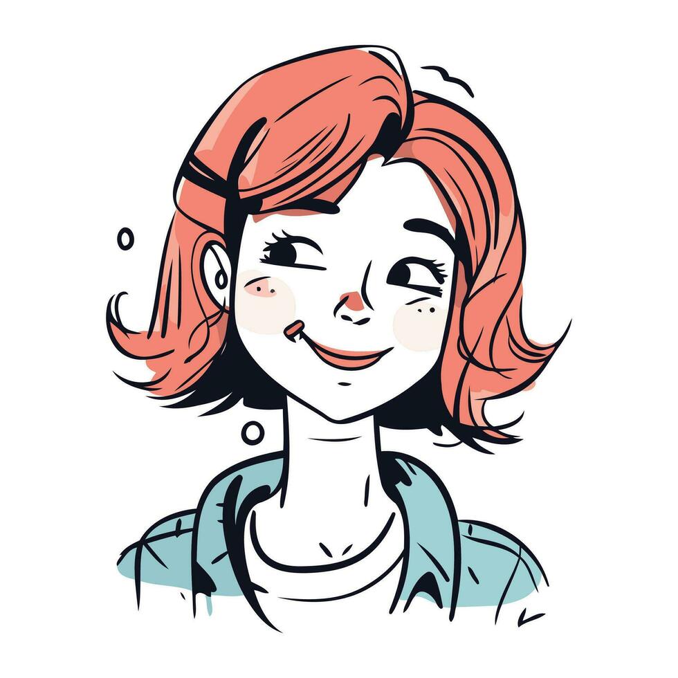 Vector illustration of a pretty girl with red hair. Cute cartoon girl.