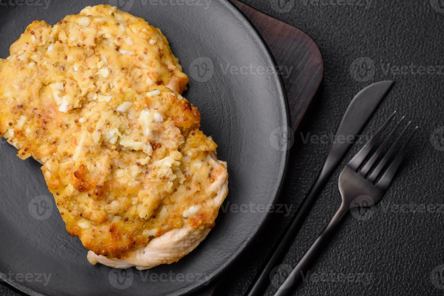 Delicious meat fried with Dijon mustard with salt, spices and herbs photo