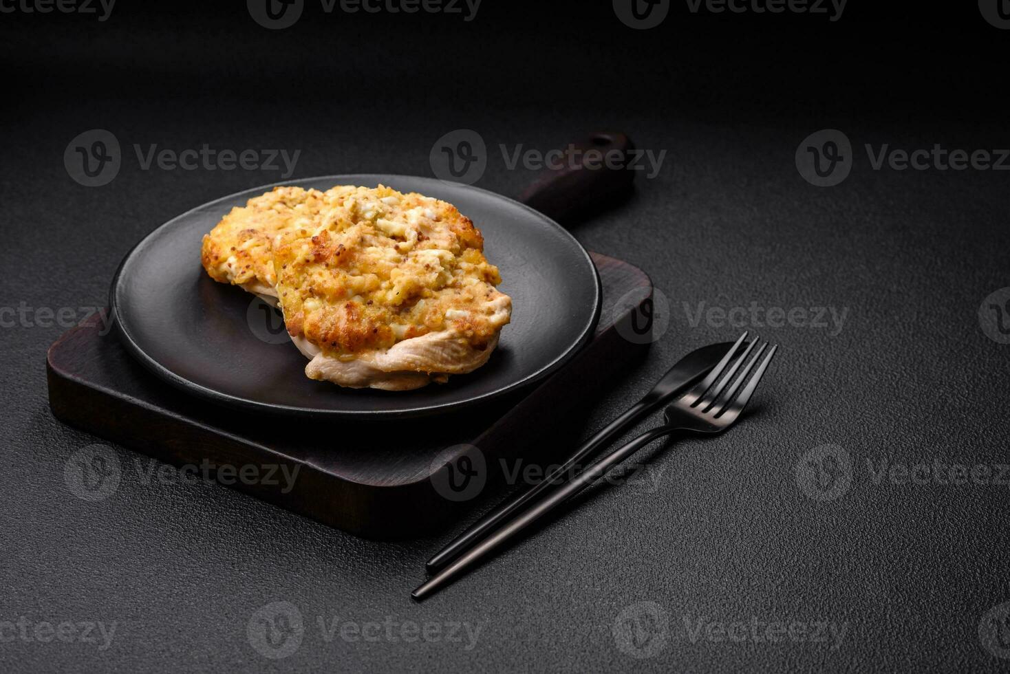 Delicious meat fried with Dijon mustard with salt, spices and herbs photo