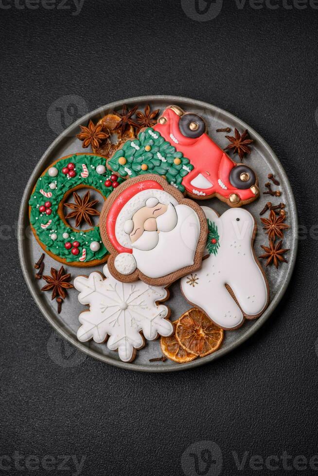 Fresh delicious baked christmas or new year gingerbread cookies photo