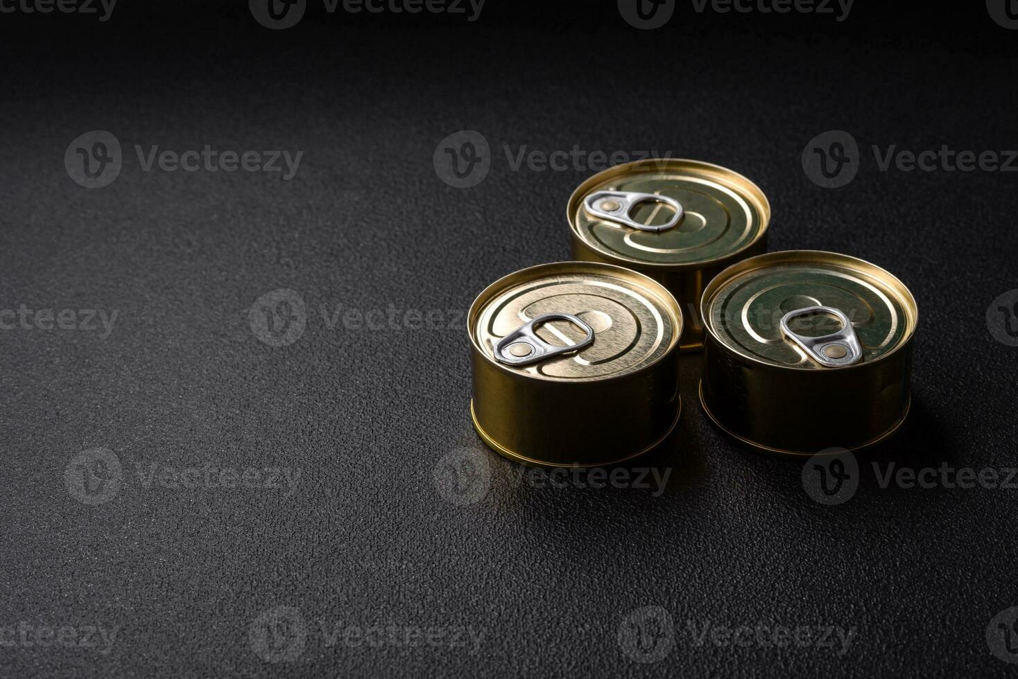 Round metal can with canned fish or meat with a key photo