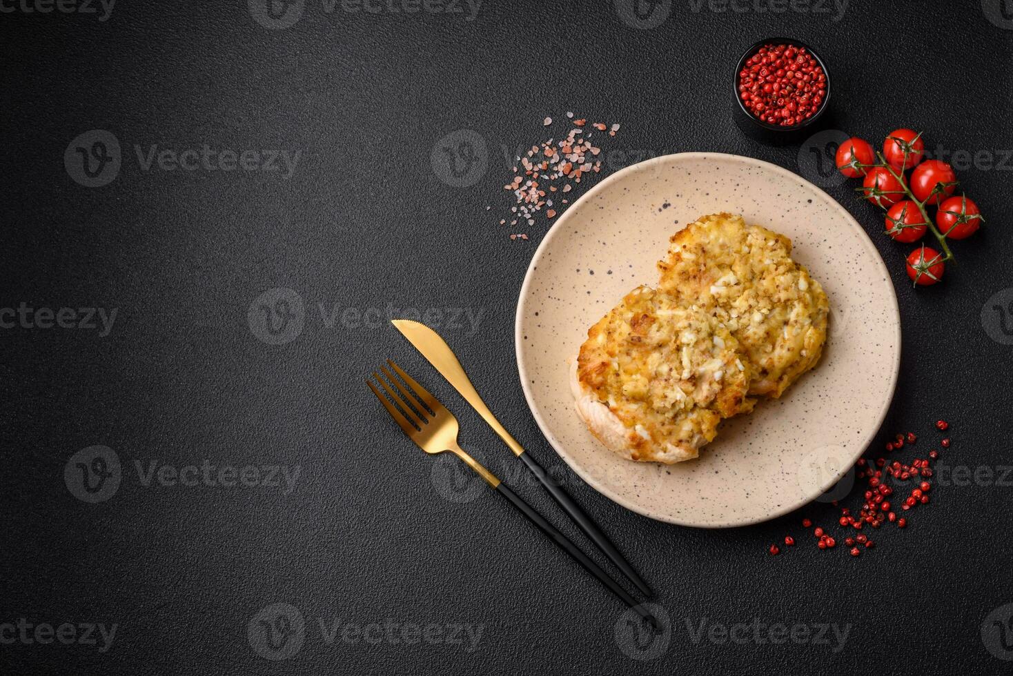Delicious meat fried with Dijon mustard with salt, spices and herbs photo