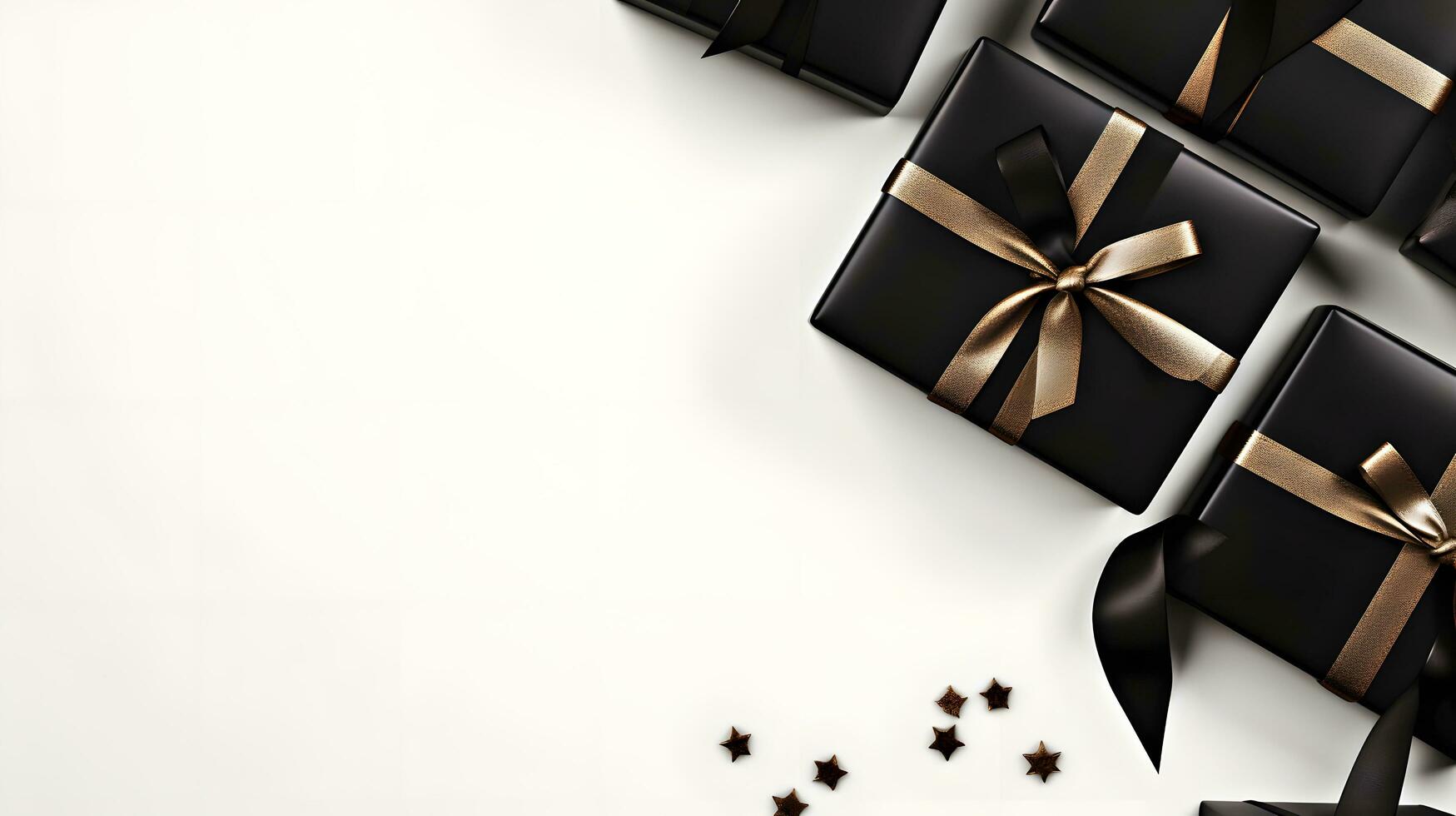 Diagonal Line of Black Gift Boxes with Gold Ribbons and Stars on White Background photo
