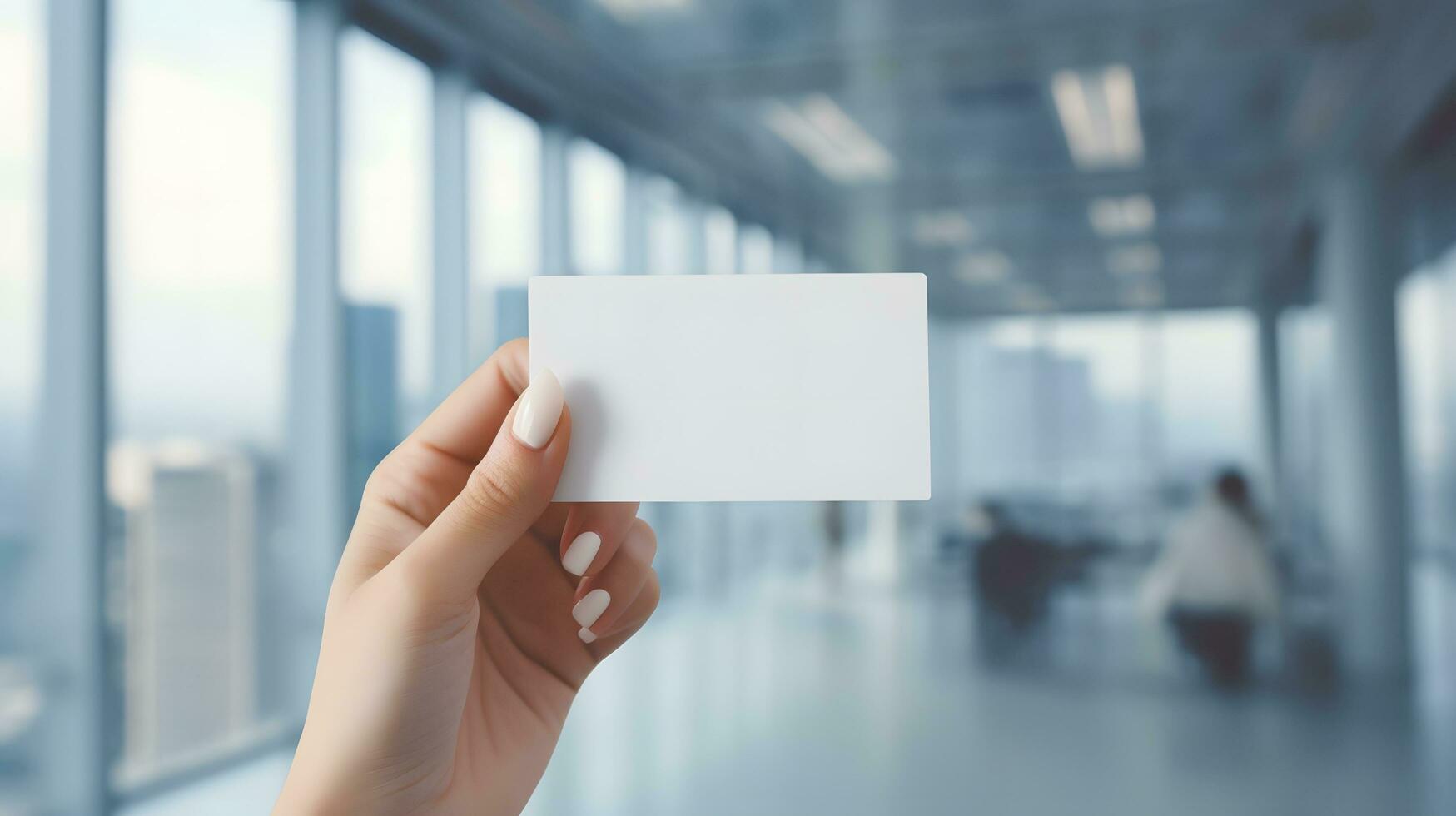 Woman Hand Holding Blank Business Card in a Stylish Office photo